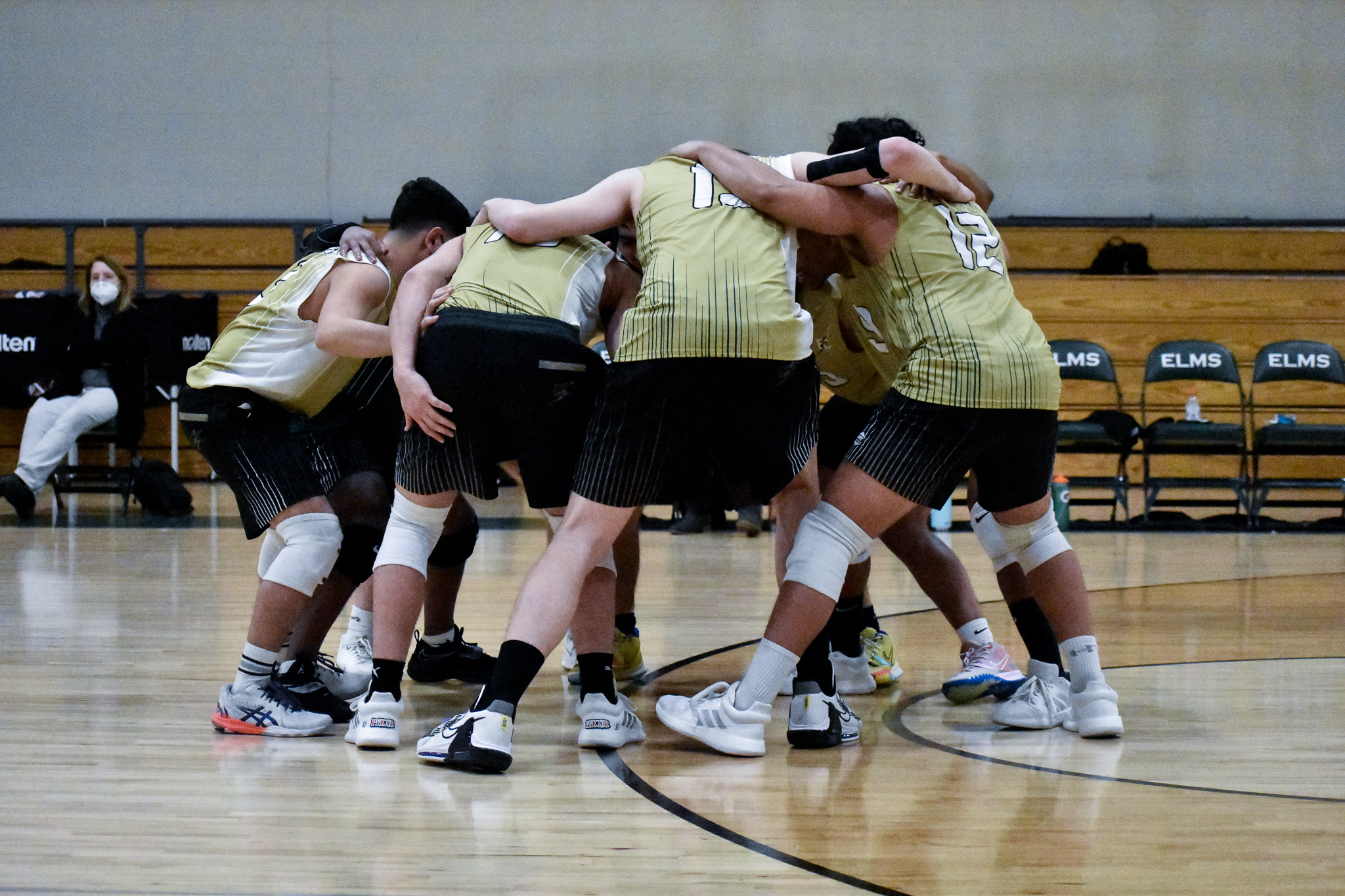 Elms men's volleyball in a team huddle